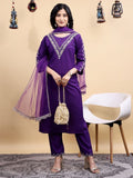 Purple designer kurta set with elegant embroidery and net dupatta for women  