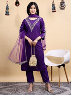 Purple designer kurta set with elegant embroidery and net dupatta for women  
