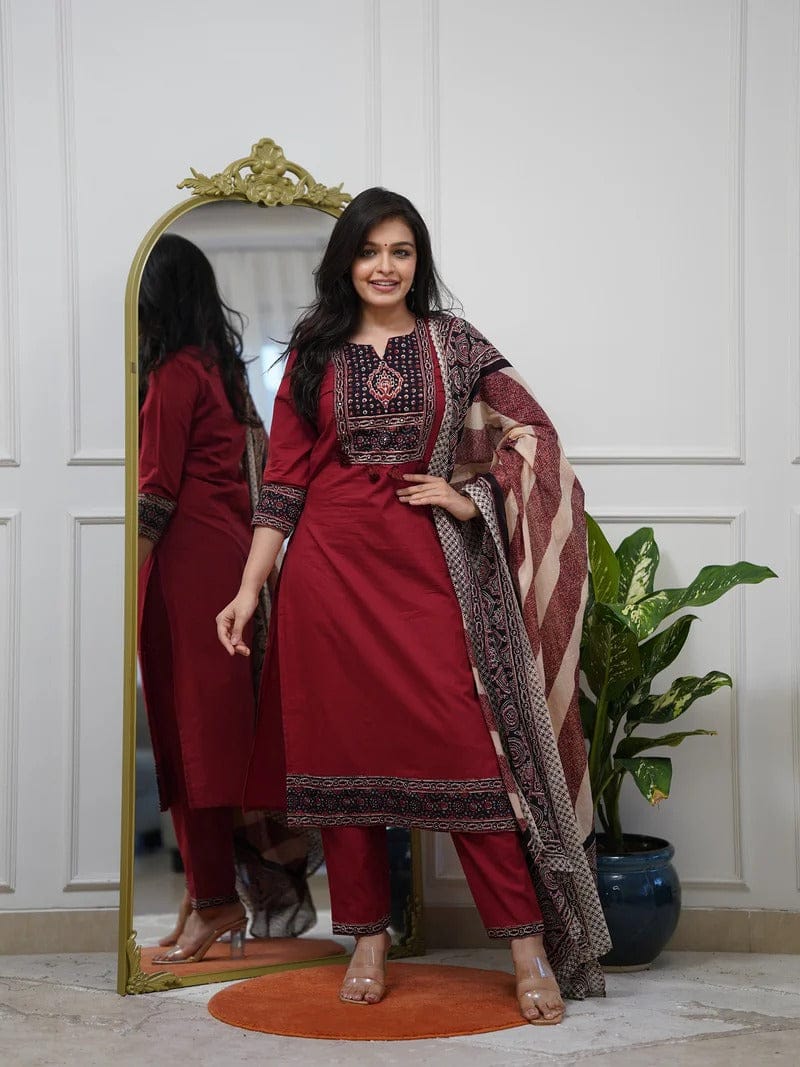 Red Kalamkari print cotton kurta pant dupatta set for women
