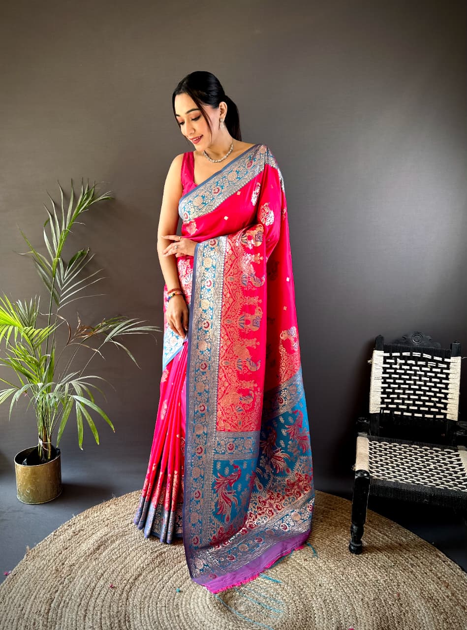 Red pink Banarasi saree with heavy meenakari weaving and elegant festive look  
