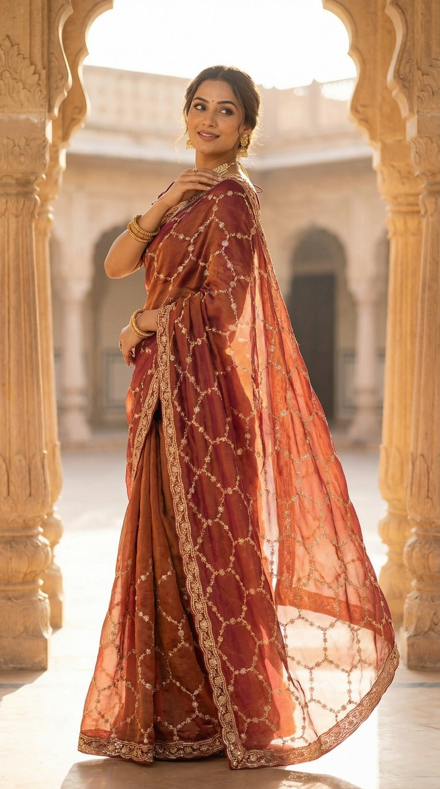 rust embroidery saree