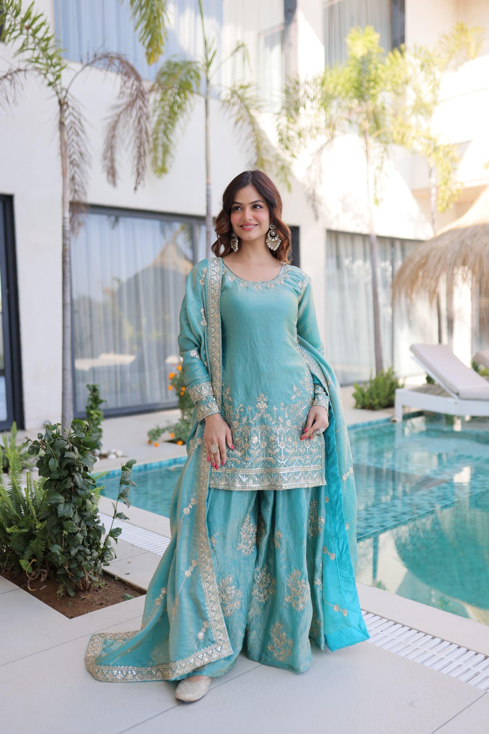 Sky blue embroidered sharara outfit