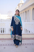 Rama blue velvet kurti set
