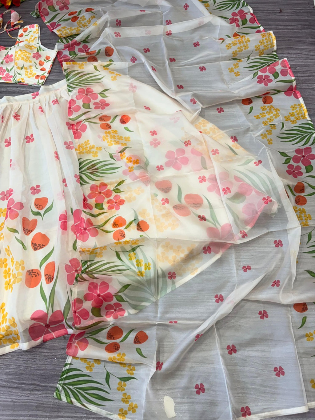 White floral printed lehenga choli with organza dupatta
