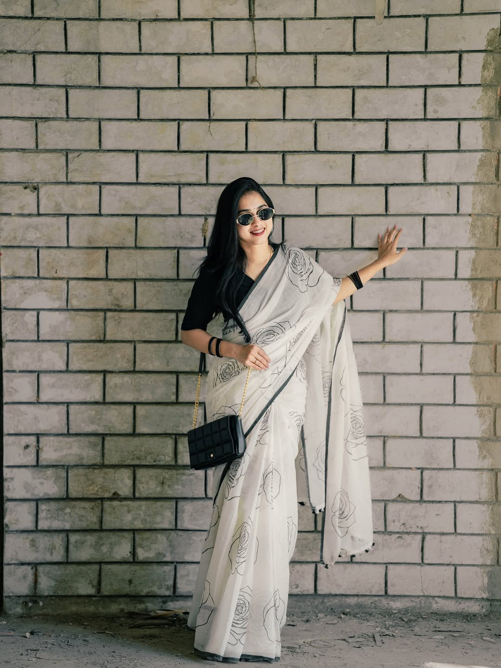 white floral linen saree  

