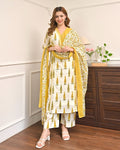 Yellow Bagru print cotton kurta palazzo dupatta set for women