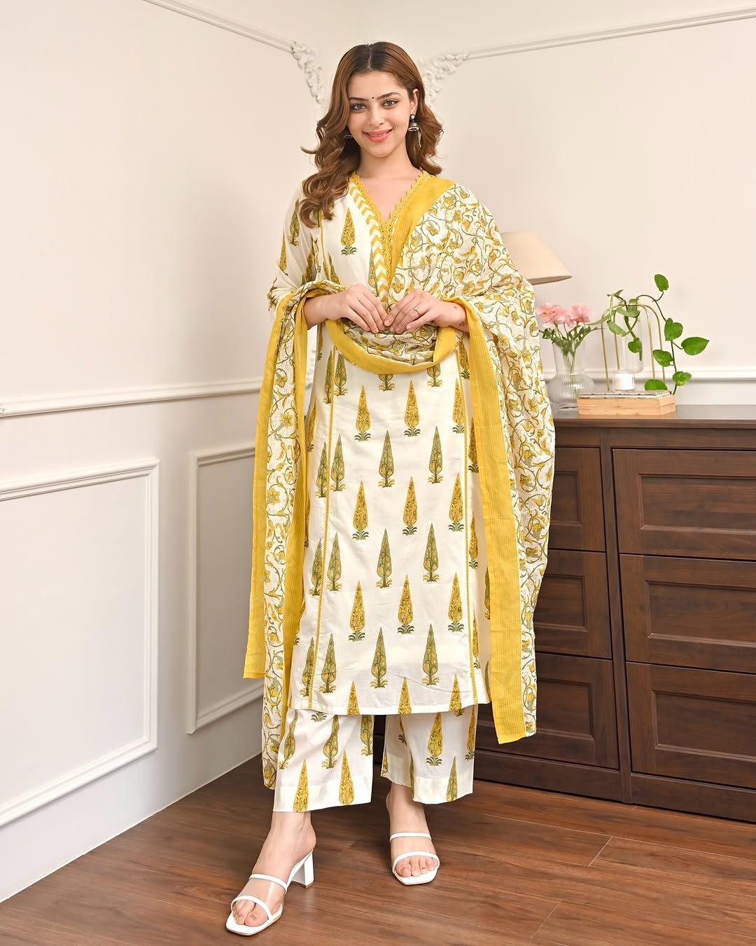 Yellow Bagru print cotton kurta palazzo dupatta set for women