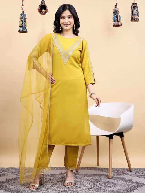 Yellow ethnic kurta set with lace dupatta perfect for festive and casual wear  
