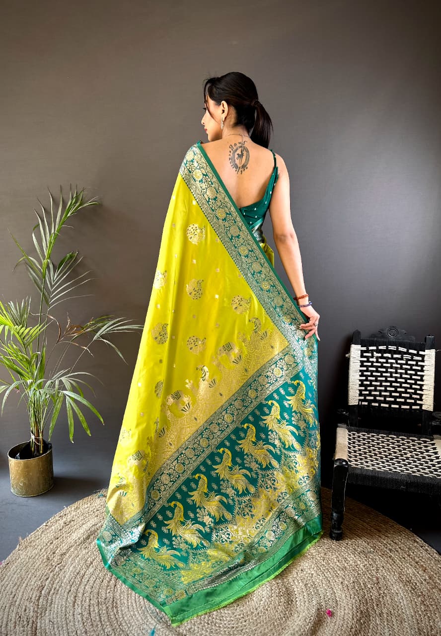 Woman wearing a yellow and green saree with a dark background