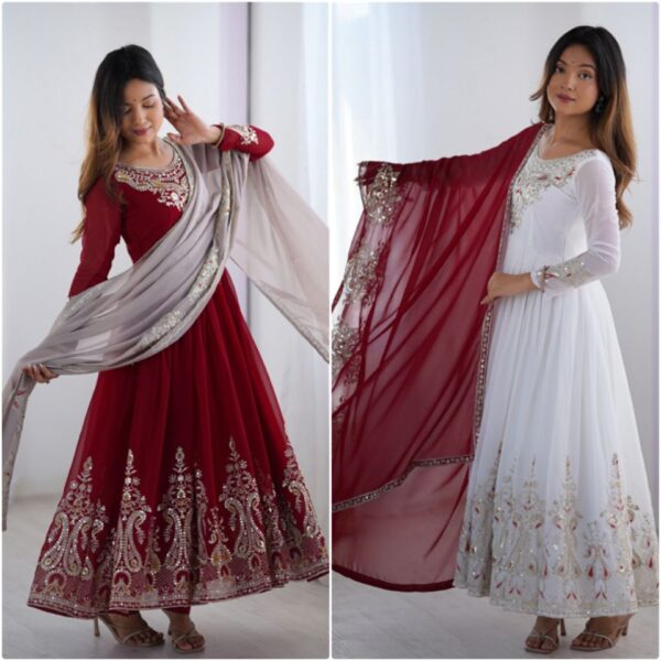 Luxury Multi-Thread Embroidered Designer Gown with Heavy Dupatta – Red & White Party Wear