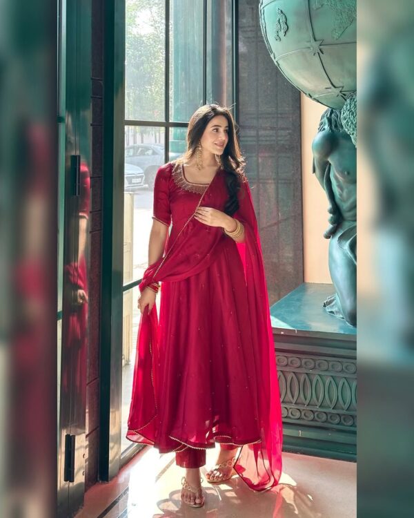 Heavy Fendy Silk Embroidered Gown Set with Full Sleeves, Dupatta & Pant – Ready to Wear