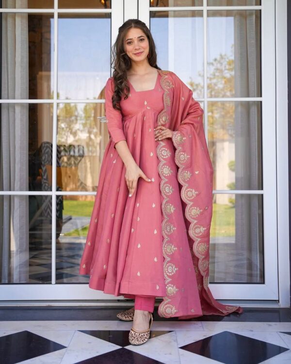 Designer Gold Crush Silk Gown with Heavy Embroidery & Dupatta – Ready to Wear