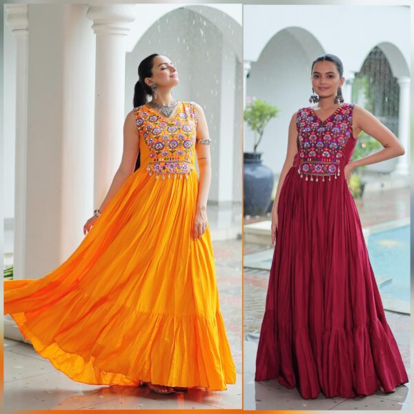 Vibrant Navratri Rayon Gown with Kutchi Gamthi Embroidery & Mirror Work
